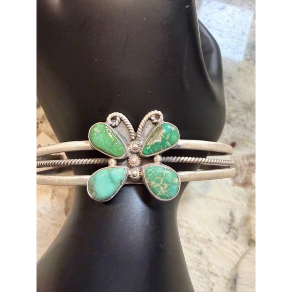 Artisan Emerald Valley Turquoise Butterfly Sterling Silver Cuff Bracelet 925 16g